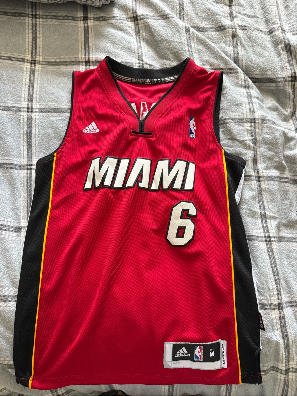 Adidas Red Miami Lebron James #6 Basketball Jersey With Black & Yellow Accents